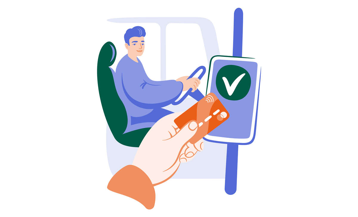 Illustrasjon av hånd som betaler med kort på validator, bussjåfør i bakgrunnen. - Klikk for stort bilde