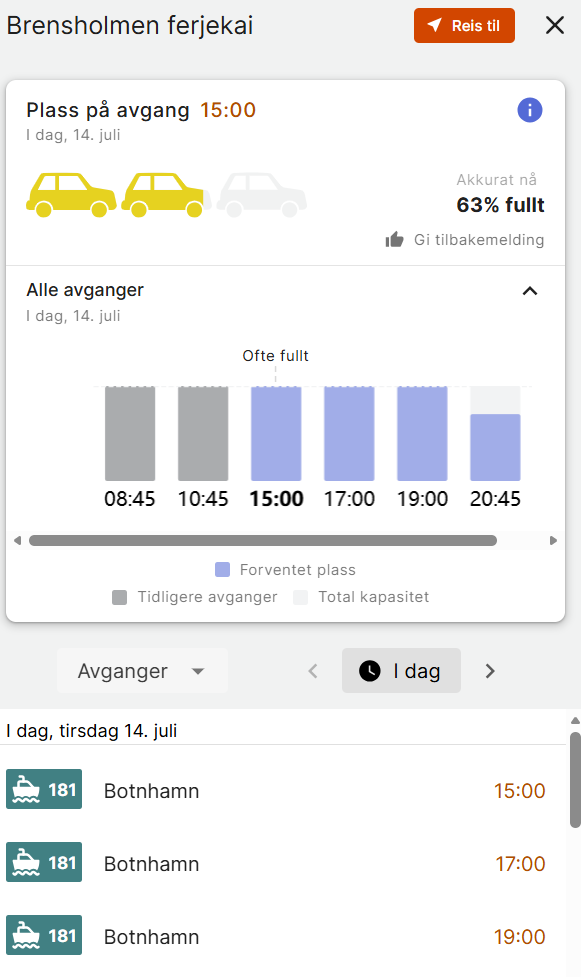Skjermdump av liveinformasjon på fergekai på Brensholmen - Klikk for stort bilde