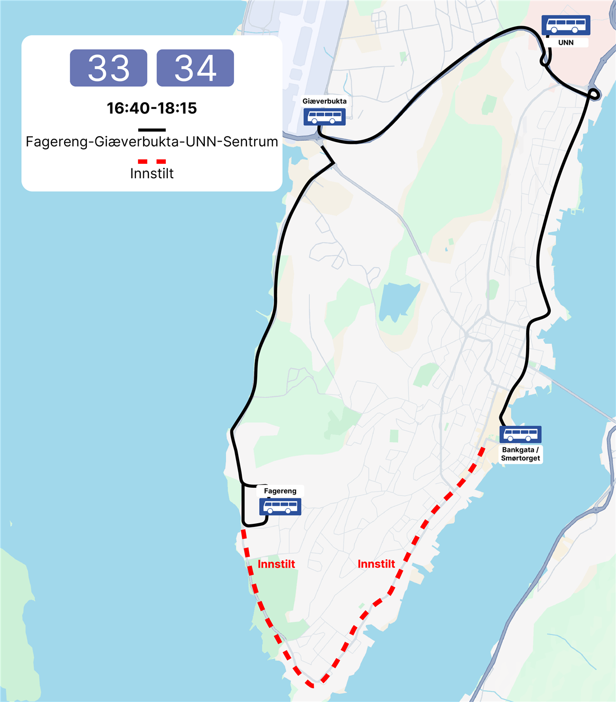 Kart over omkjøring i forbindelse med mørketidsløpet 2026. Illustrasjon - Klikk for stort bilde