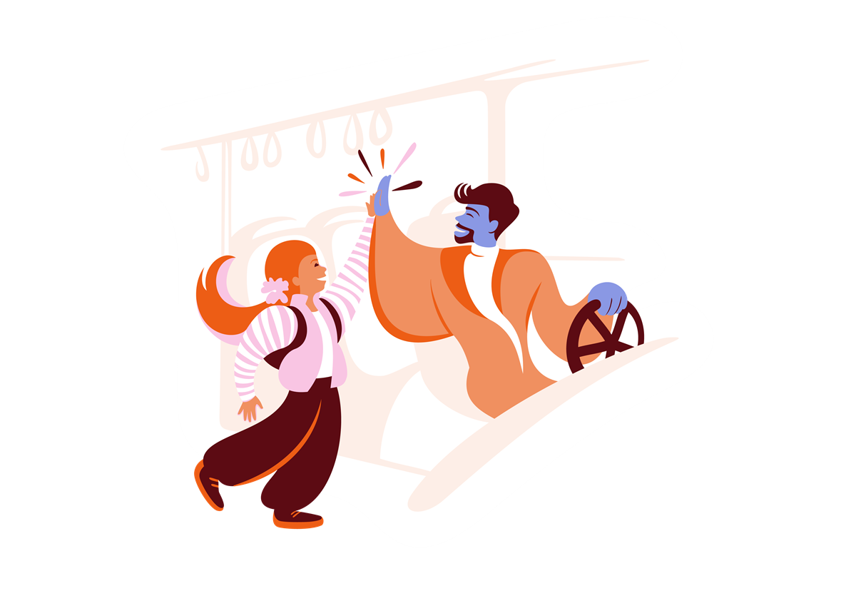 Bildet viser en illustrasjon hvor en jente gir en high five til en bussjåfør - Klikk for stort bilde