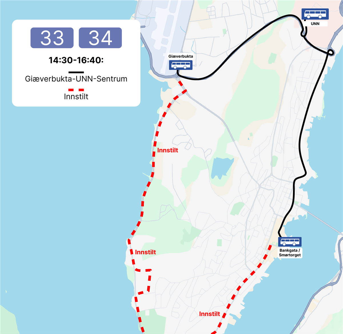 Kart over omkjøring i forbindelse med mørketidsløpet 2026. Illustrasjon - Klikk for stort bilde