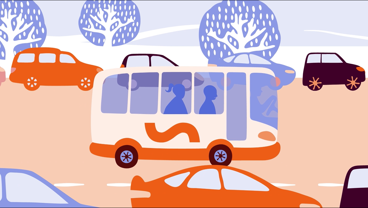 Illustrasjon av bussen som kjører forbi køen - Klikk for stort bilde